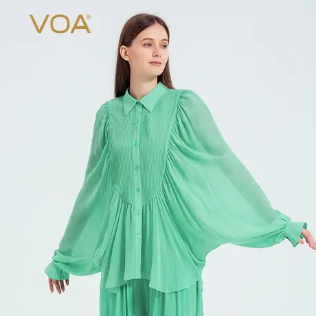 VOA真丝乔其纱翠绿色POLO领塔克褶设计蝙蝠袖宽松O版时尚百搭衬衫图片