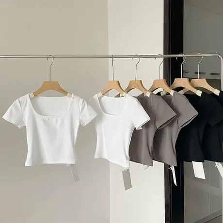 港味方领t恤女夏季纯欲短款白色修身性感辣妹短袖薄款设计感上衣图片