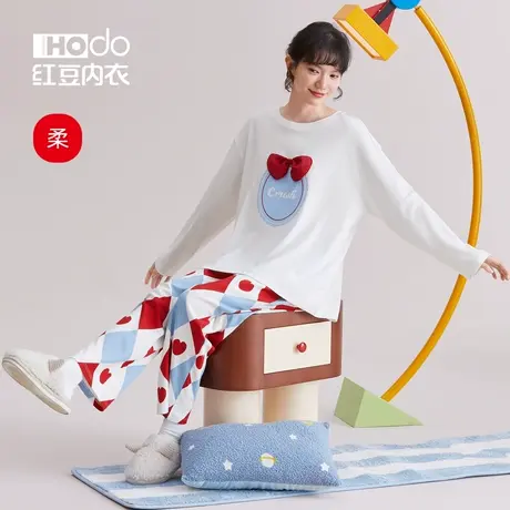 红豆女士睡衣纯棉春秋季长袖长裤居家可爱透气空调服家居服套装女商品大图