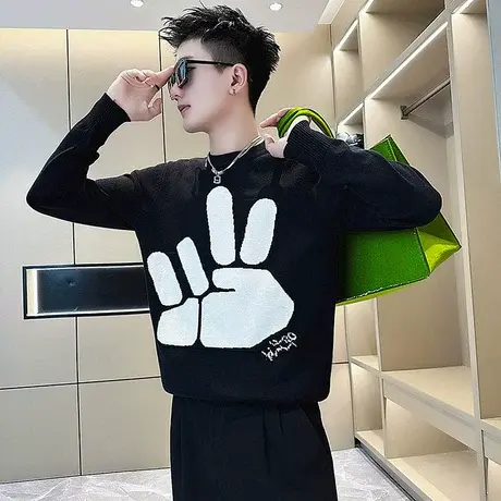 秋冬季圆领套头毛衣男ins潮个性提花打底线衣休闲爆款针织衫体恤商品大图