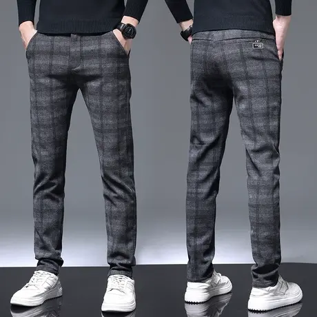 裤子男秋季冰丝休闲裤男士直筒宽松格子男裤运动裤加绒加厚长裤男商品大图