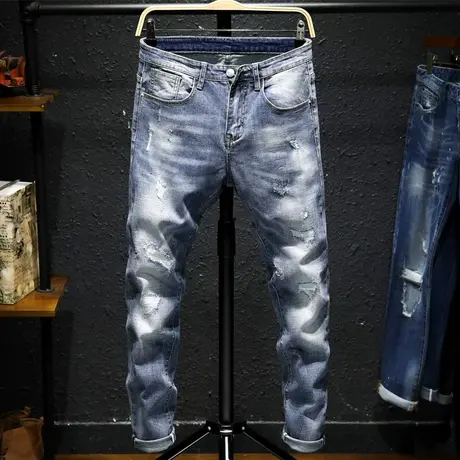 夏季破洞牛仔裤男宽松潮牌休闲韩版弹力男士乞丐裤子潮流修身小脚商品大图
