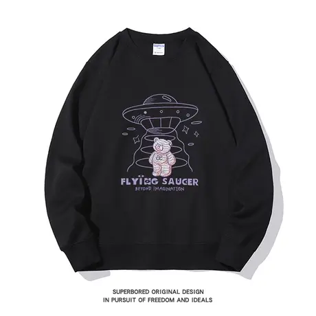 美式复古休闲潮牌小熊印花卫衣男秋冬款2023新款圆领套头宽松上衣商品大图