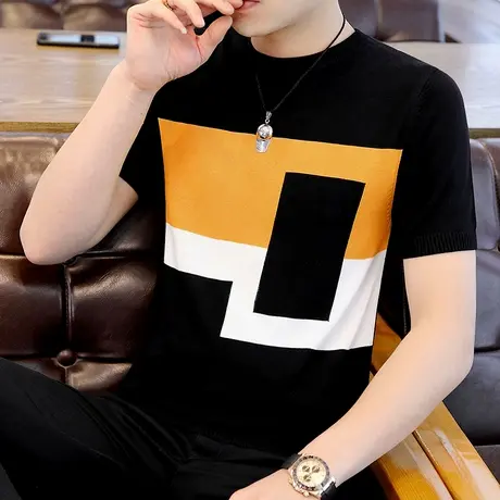 冰丝体恤2022新款夏装薄款韩版短袖冰感针织t恤时髦潮流帅气男装商品大图