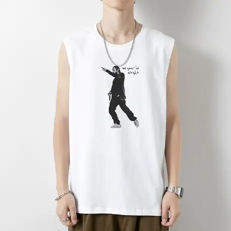 纯棉白色背心男潮夏季外穿宽松运动无袖t恤篮球跨栏健身坎肩宽肩商品大图