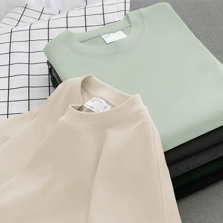 重磅纯棉t恤男短袖夏季纯色落肩五分袖美式宽松半袖全棉圆领体恤商品大图