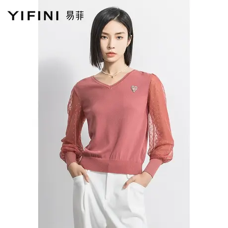 Yifini/易菲宽松短款V领毛衫女春秋新款网纱长袖拼接针织衫图片