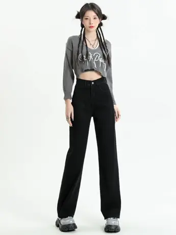 清仓捡漏潮流小众高腰直筒牛仔裤新款小个子宽松垂感阔腿拖地裤商品大图