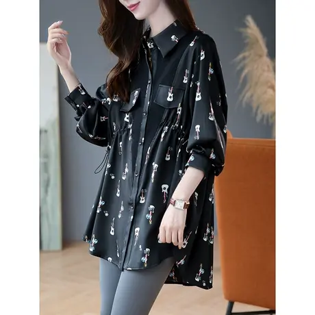 宝诗黎针织拼接印花中长衬衫上衣女2025春季新款长袖抽绳宽松衬衣商品大图