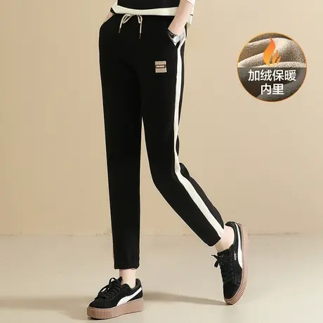 韩潮袭人松紧腰条纹加绒运动裤女2023冬季新款休闲束脚卫裤女厚图片