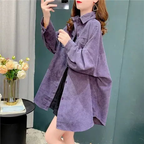 灯芯绒纯色衬衫女春秋设计感小众复古港味宽松百搭bf长袖衬衣外套图片