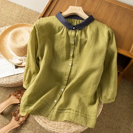 享永子七分袖苎麻衬衫女文艺复古宽松显瘦棉麻上衣女2023夏季新款商品大图