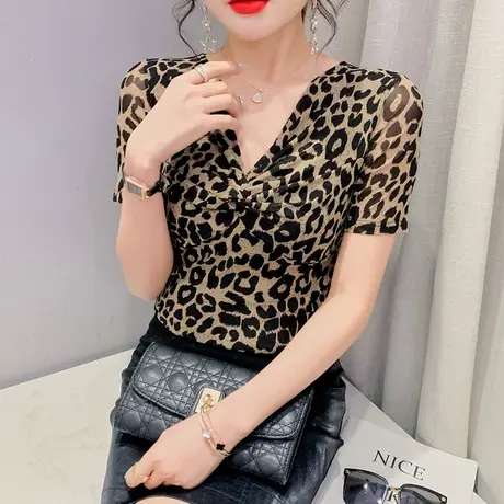 性感网纱豹纹短袖T恤女欧货洋气紧身V领上衣夏季设计感别致小衫潮商品大图