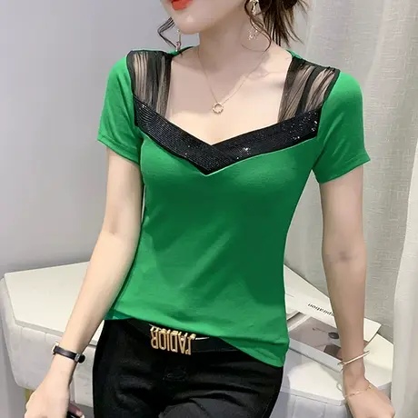 欧货网纱拼接T恤女短袖性感低胸V领修身小衫洋气烫钻上衣百搭丅恤商品大图