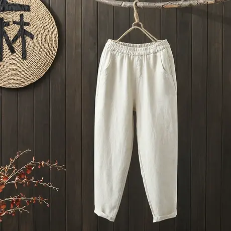 枫谜2022年春装新款文艺简约纯色棉麻长裤女宽松显瘦亚麻哈伦裤图片