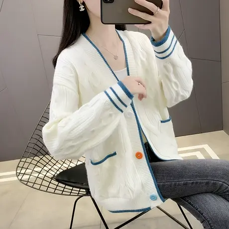 初秋女士V领针织衫宽松毛衣女外套2023年秋季新款时尚百搭开衫女图片