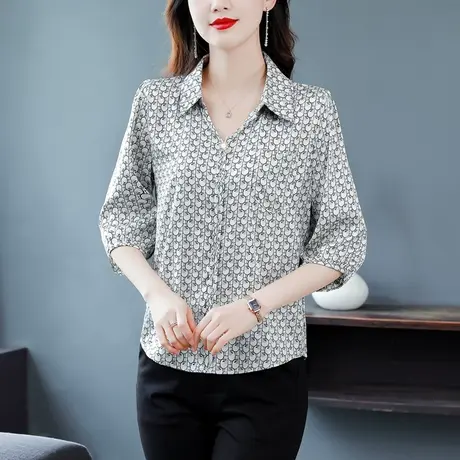 夏季女士雪纺衬衫2023年新款夏装时尚印花七分袖衬衣宽松漂亮小衫商品大图