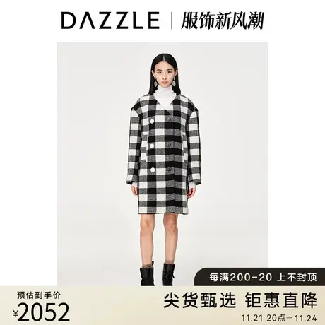 DAZZLE地素奥莱23春装新款复古黑白格子中长款毛呢大衣外套上衣图片