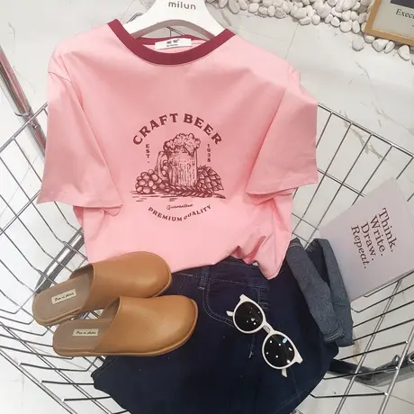 夏季新款ins港味复古休闲风短袖上衣韩国东大门小众设计感撞色T恤图片