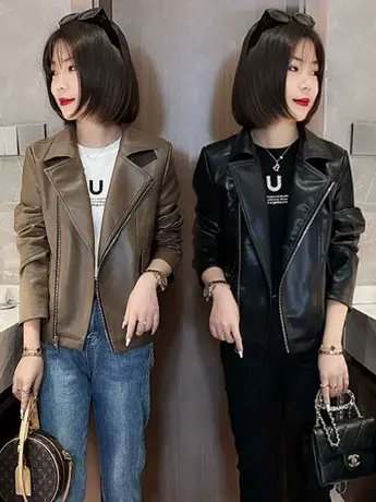 短款西装领咖色皮衣外套2023年春秋季新款小个子机车服pu皮夹克潮商品大图