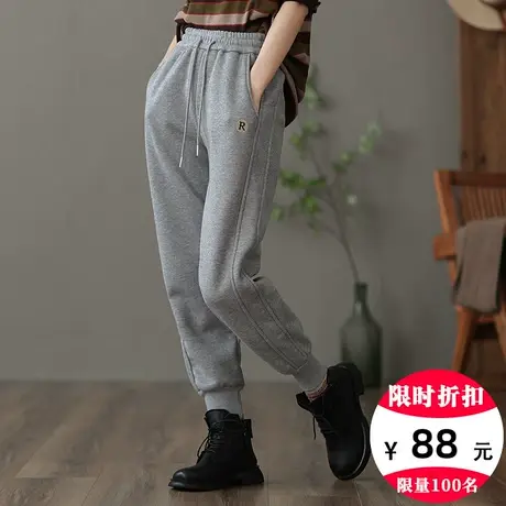 dza 高腰显瘦灰色加绒卫裤女冬季加厚宽松阔腿裤百搭休闲哈伦裤子图片