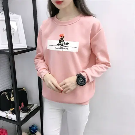 粉色卫衣女加绒加厚套头圆领秋冬季宽松韩版学生日系学院风上衣女商品大图