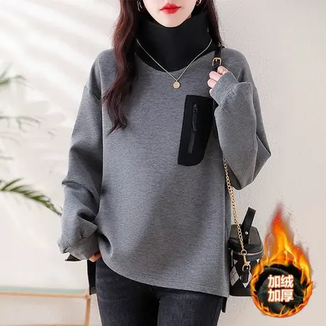 半高领卫衣打底衫女秋冬宽松加大码女装中年妈妈加绒加厚显瘦上衣商品大图