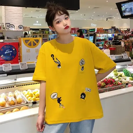 ins短袖t恤女宽松韩版学生中长款慵懒风丧系半袖百搭mschf上衣服图片