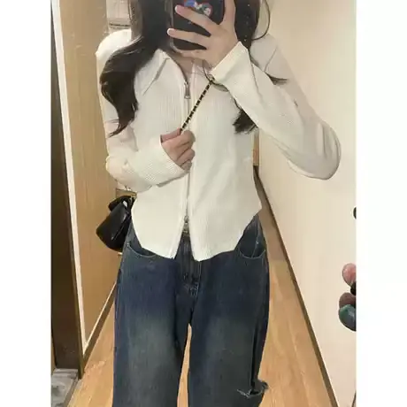 不规则正肩甜辣妹长袖上衣女潮ins设计感春秋开衫Polo领短款t恤衫商品大图