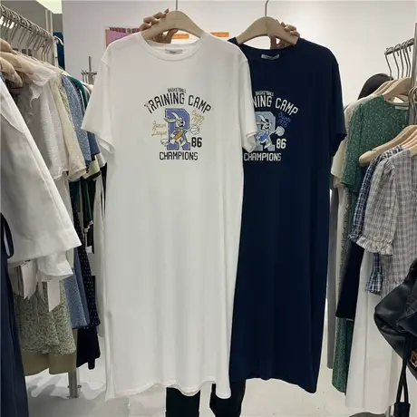 韩国东大门连衣裙短袖t恤女2021夏季新款卡通印花宽松开叉上衣服商品大图