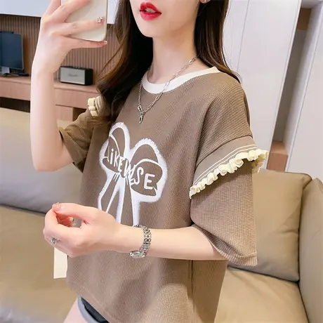 小众设计感短袖t恤女夏季韩版宽松大码小个子短款蕾丝花边上衣服商品大图
