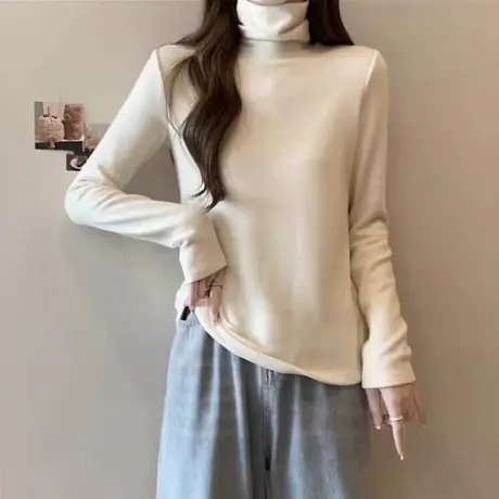 堆堆高领双面德绒打底衫女内搭秋冬加厚磨毛长袖T恤保暖修身上衣商品大图