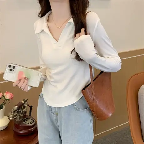 v领白色正肩长袖t恤女2024新款早秋季设计感小众修身别致短款上衣商品大图