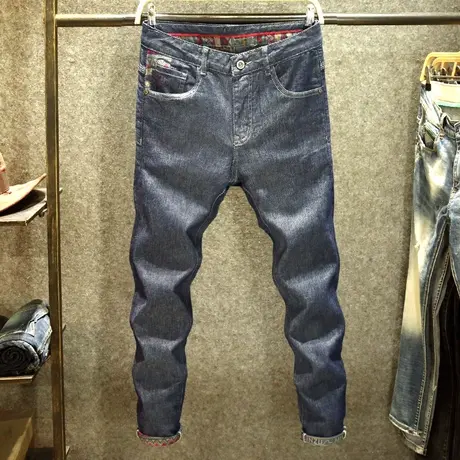 深蓝色夏季薄款牛仔裤男潮牌修身小脚裤高端大牌底色印花百搭裤子商品大图