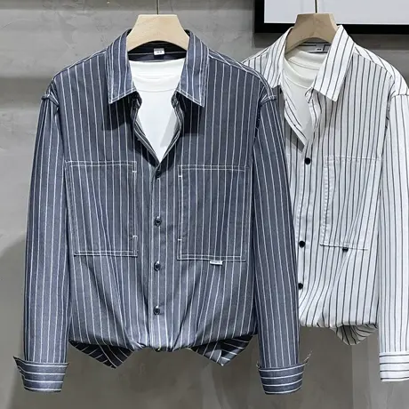 休闲衬衫男长袖韩版潮流新款初春季男装条纹上衣男士衬衣春秋新款商品大图