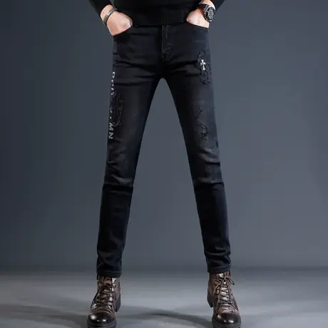 轻奢破洞牛仔裤男2023秋冬新款潮牌刺绣时尚补丁修身小脚弹力裤子图片