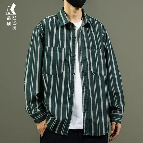 希越男士条纹衬衫秋冬新款墨绿色长袖衬衣宽松大码高级感翻领外套商品大图
