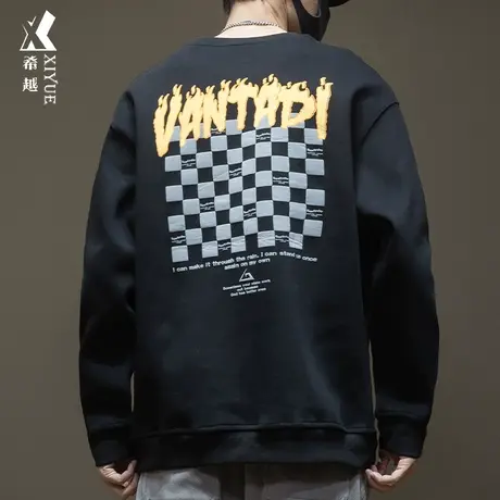 希越纯棉格子印花男士卫衣重磅宽松大码圆领套头内搭打底衫秋冬季商品大图