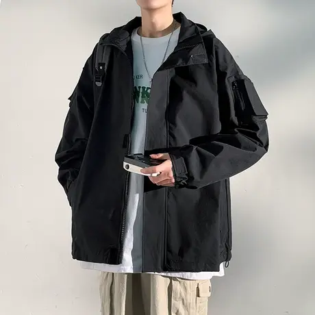 工装夹克男士外套春秋季潮牌潮流大码上衣服男户外防水连帽冲锋衣商品大图