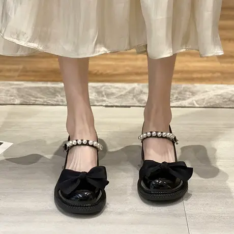 黑色玛丽珍鞋女春2024年法式新款高跟单鞋蝴蝶结凉鞋粗跟小皮鞋商品大图