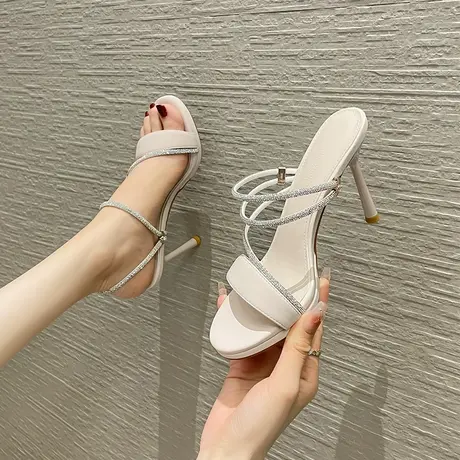 一字带两穿凉拖鞋女2024年夏季新款性感仙女风露趾水钻细跟高跟鞋图片