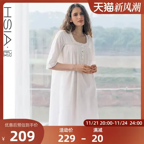 HSIA遐睡裙女全棉宽松七分袖甜美春日夏季家居裙复古方领套头裙商品大图