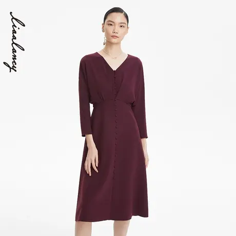 LANCY/朗姿V领中长款收腰长袖连衣裙女法式通勤高级裙子女装奥莱商品大图