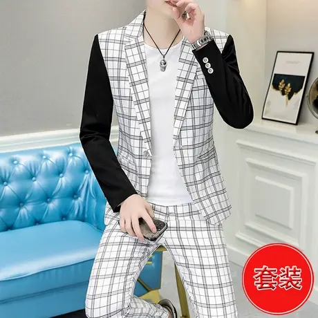 春秋季格子西服套装男士潮流高级感小西装两件套休闲英伦拼色外套图片