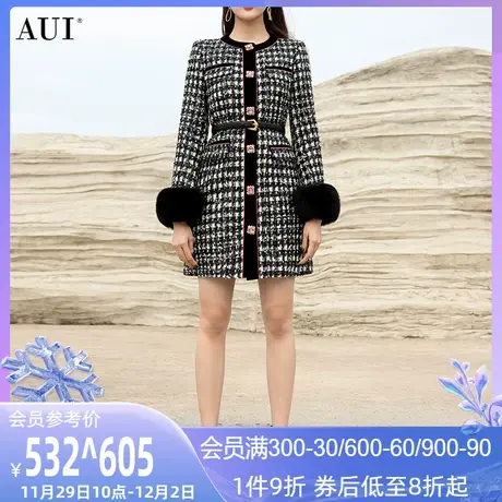 AUI高级感小香风格子毛呢外套女2023冬新款中长款呢子大衣加羽绒图片