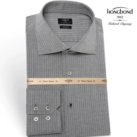 红邦创衣 进口面料7天定制衬衫灰色条纹珍贝扣商务正装男长袖衬衫商品大图
