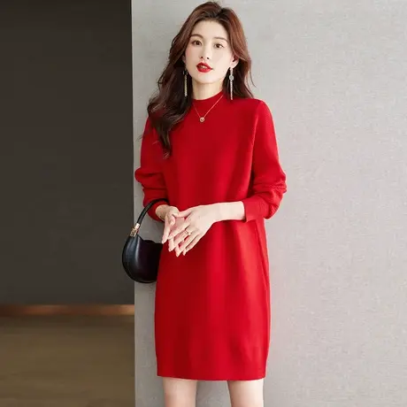 2023秋冬新款中长款毛衣连衣裙红色大码装宽松显瘦内搭胖mm打底裙图片