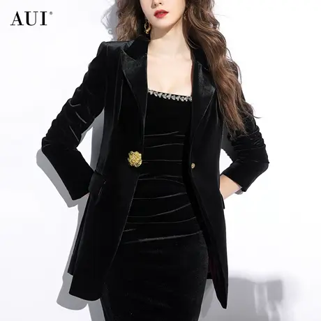 AUI黑色御姐气质职业修身西装外套女2023年秋冬新款通勤丝绒西服图片