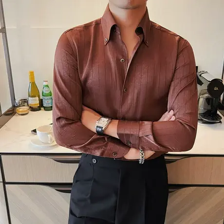 秋季高级衬衫长袖纯色暗条纹商务休闲修身上衣发型师薄款百搭衬衣商品大图