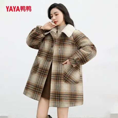 鸭鸭羽绒服女2023冬新品中长款时尚百搭拼色格针织翻领外套J图片